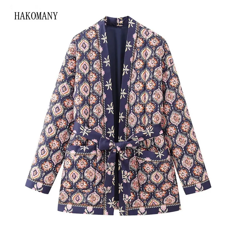 

2023 Women Tie Bow Sashes Quilting Full Sleeve Coat BOHO Midi Outerwear Winter Paisley Flower Print V neck Quilted Jacket