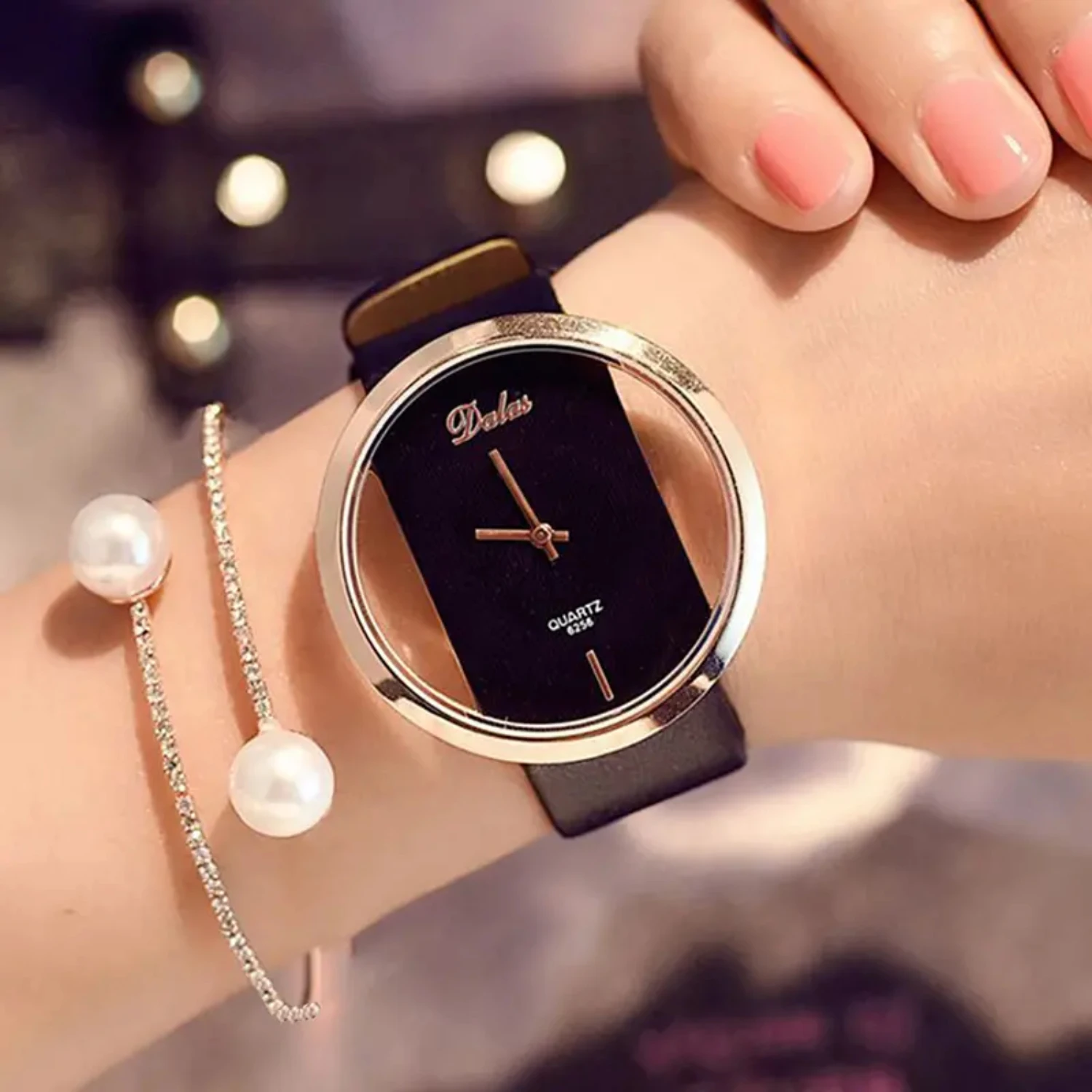 Hollow Belt Quartz Watch + Pearl Zicron Bracelet 2pcs/set