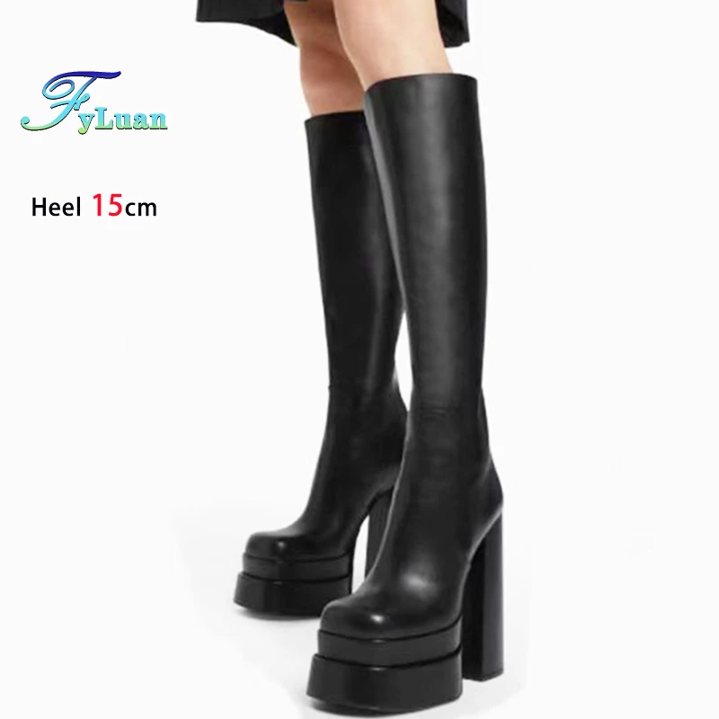

Новые сапоги до колена на двойной платформе в Европе и Америке, женские сапоги на массивном каблуке 15 см, черные туфли на молнии сзади в готическом стиле из матовой кожи