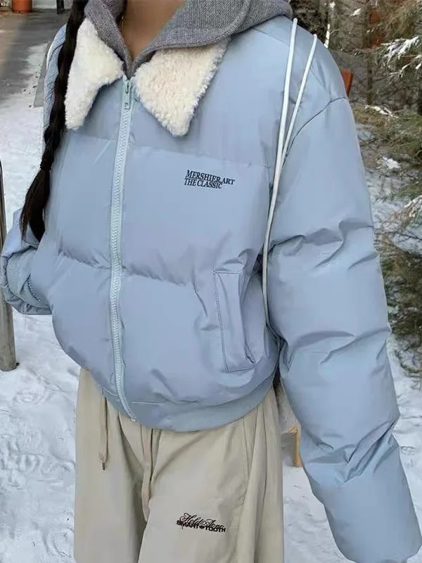 

Retro American Sle ort Blue Cotton Jaet Women's Casual Winter Coat with Fur Collar Versatile Bread Cotton Padded Jaet