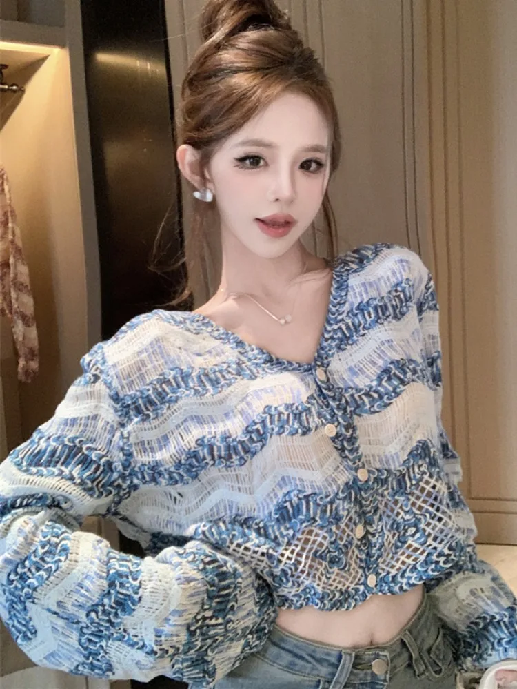 

Свободный длинный вязаный свитер в милую сине-белую полоску ort Sve V Ne Faionable Открытый кардиган для женщин Осень-Зима...