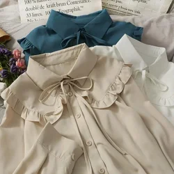 Gidyq Vintage damskie szyfonowe koszule koreańskie koronka luźne bluzki Y2K wiosenne eleganckie biurowa, damska bluzki z długim rękawem