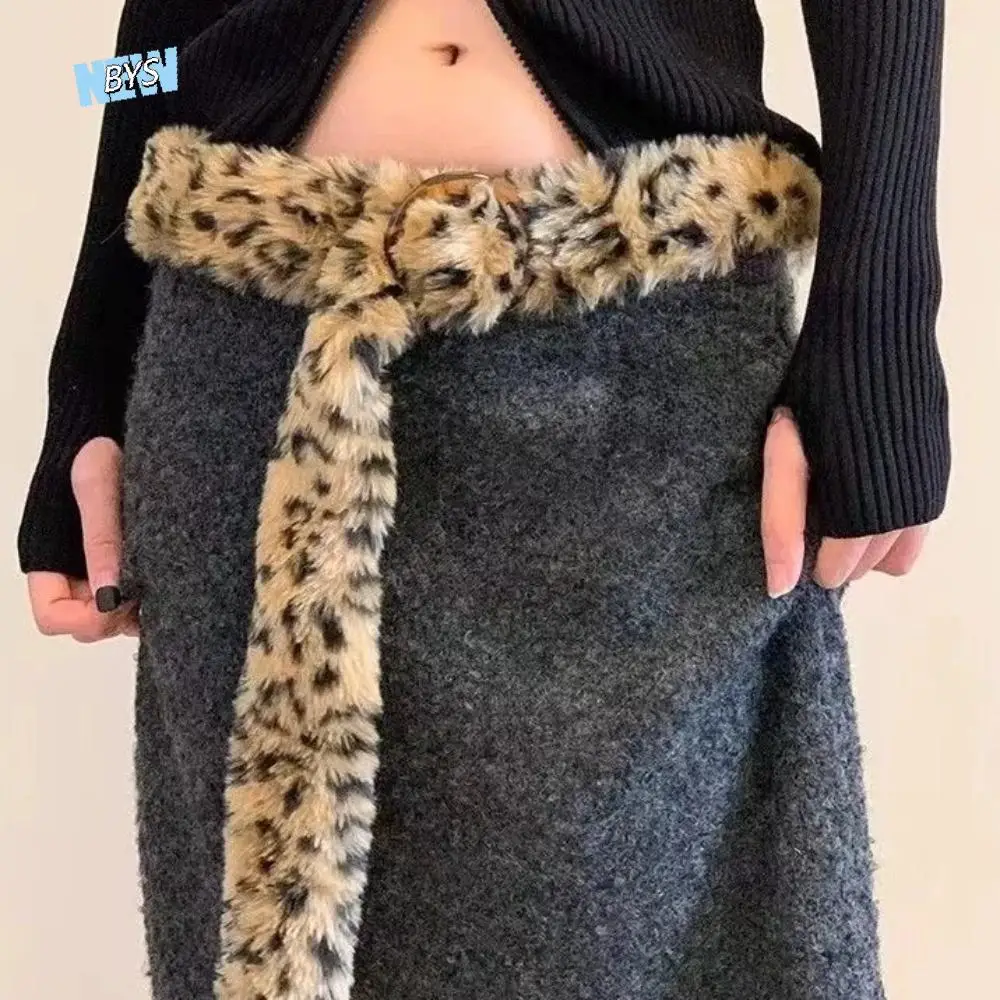 

Personality PU Leather Leather Fur Belt Leopard Print Western Style Plush Belt Versatile Furry Waistband Dress Decoration