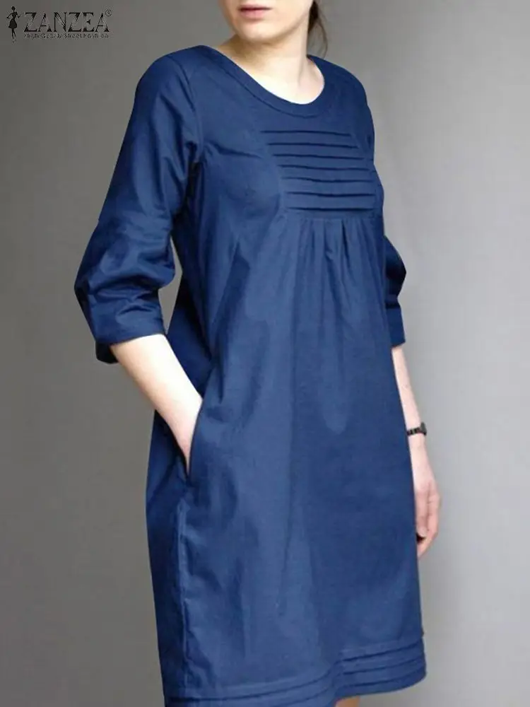 ZANZEA Damska koszula dżinsowa Sukienka 2024 Moda Plisowana Mini Sukienka Sundress Casual Luźny Jednolity Kolor Kamizelka Vintage 3/4 Rękaw Krótka Szlafrok