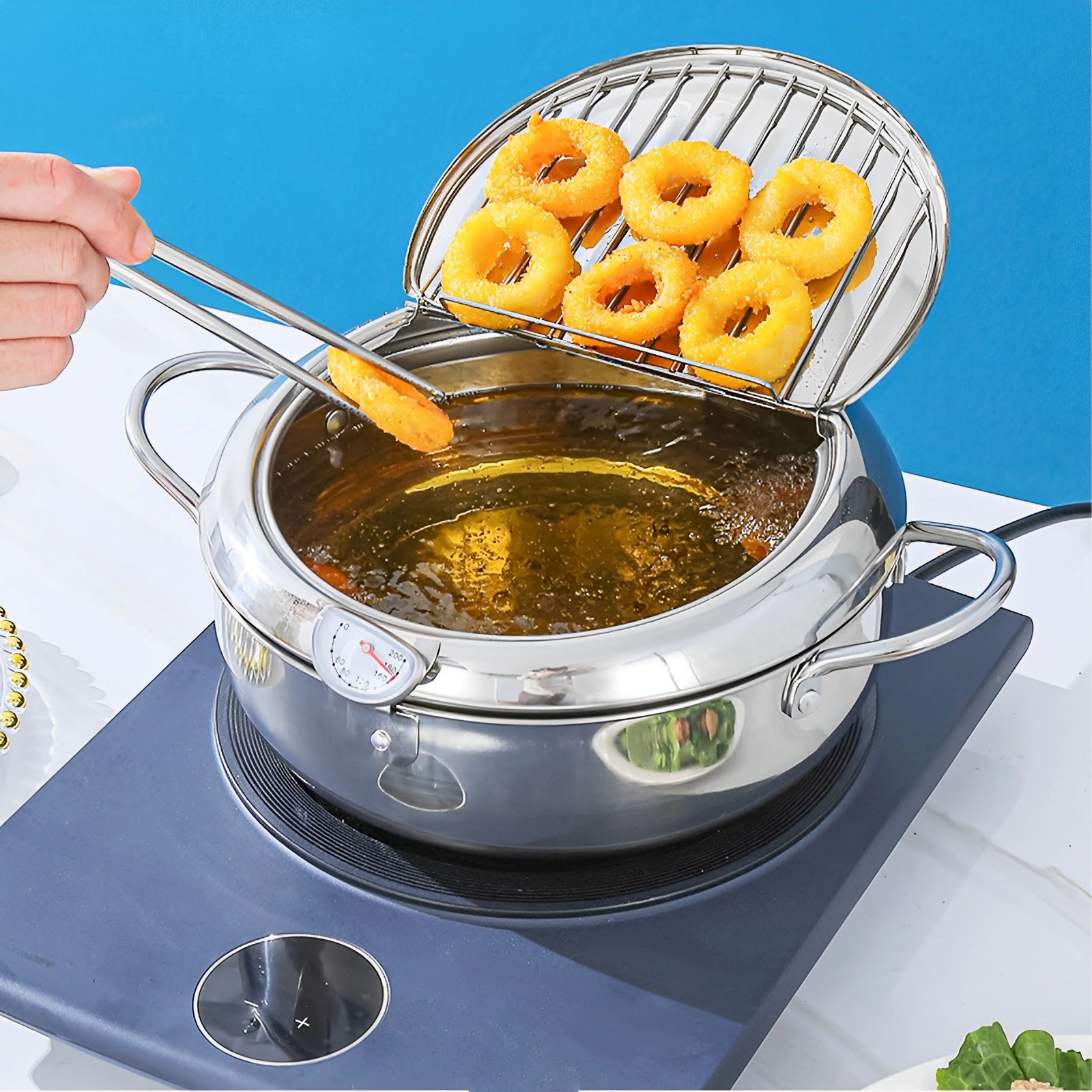 Stainless Steel Oil Pan Household Thermometer with Strainer Basket Tempura Oil Fryer Small Oil Saving French Fries Frying Pan
