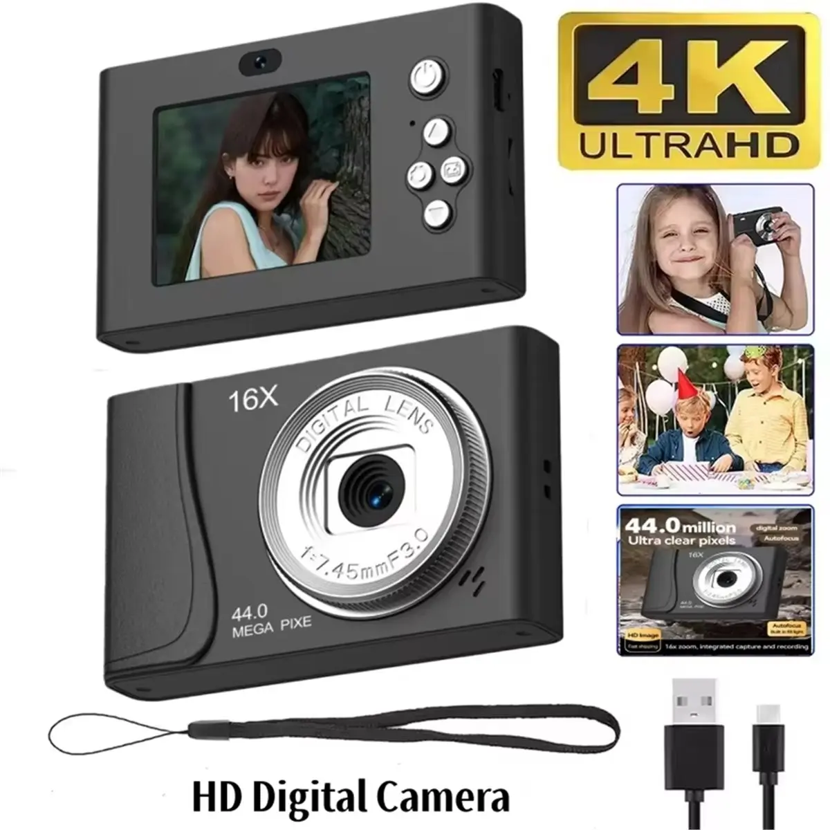 【New Upgraded】 Digital Camera 4K 64 Million Pixels 16x Zoom Compact Cameras Autofocus for Kid Adult Student Beginners Photograph