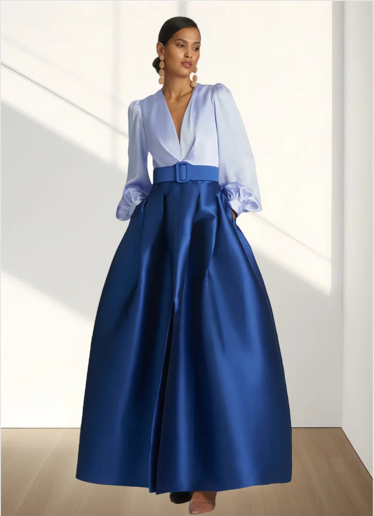 Personalizado linha a vestido de noite alta divisão vestido formal casamento convidado até o chão manga longa decote em v cinto faixa cetim com pregas