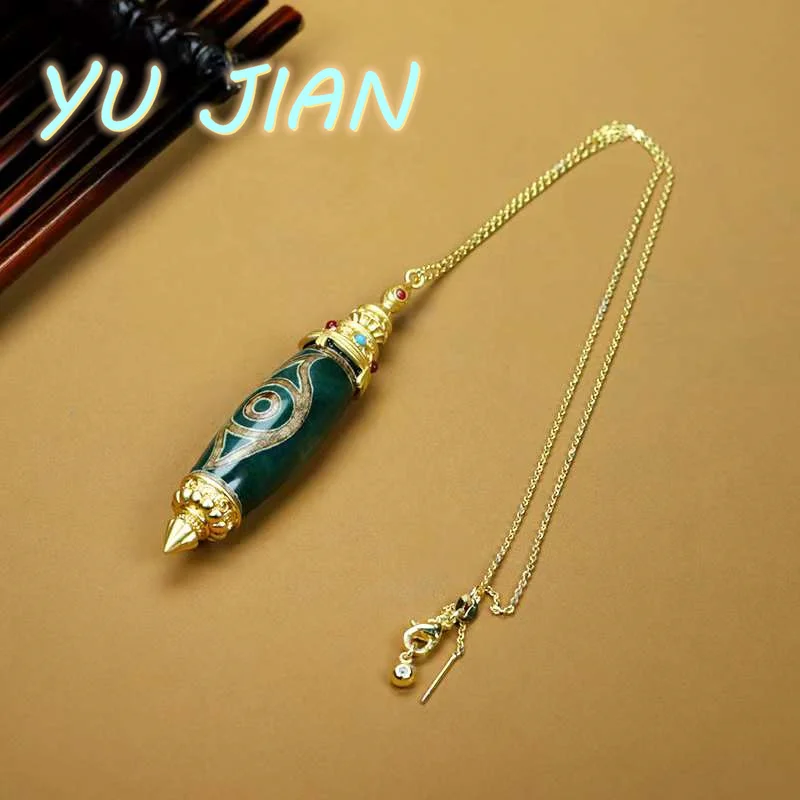 New With S925 Silver Gold Plated Chain Boutique Eye Dzi Inlaid Dzi-agate Natural Jade Pendant Necklace Fine Jewelry Chain-Neckla