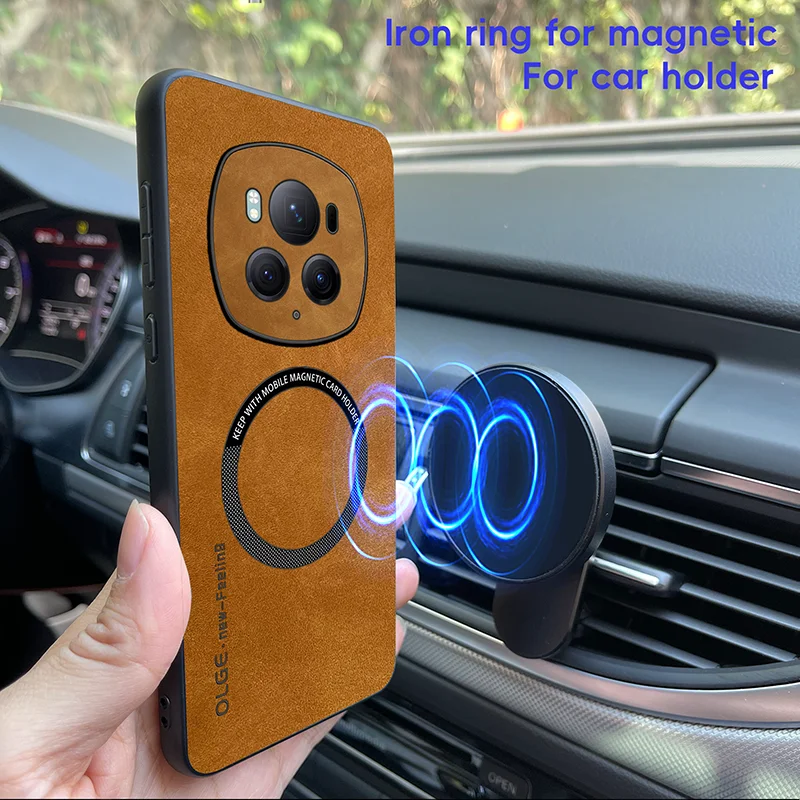 For Magsafe Magnetic Car Support Shockproof Matte Leather Phone Case For Honor 100 90 70 Magic 6 5 4 3 Pro Bumper Back Cover