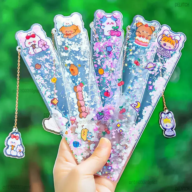 Multifunctional Oil Quicksand Sequin 15cm Measuring Straight Scale Ruler Soft Bookmark With Pendant Student Drawing Stationery