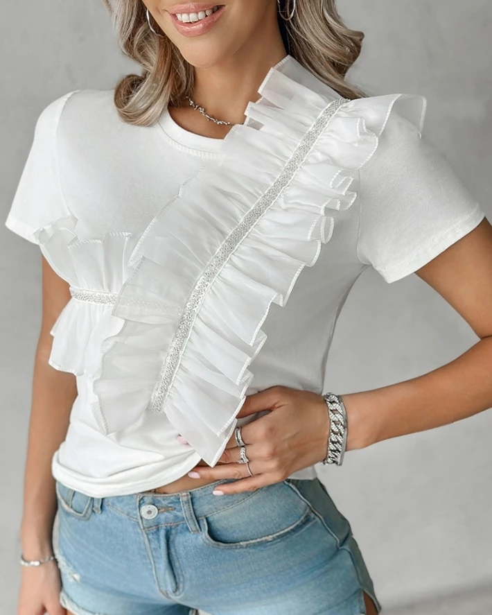 

Casual Women T-Shirt Blouses Clothing Sheer Mesh Patch Ruffle Hem Women Top Spring Summer New Solid Slim Y2K Clothes Blouse