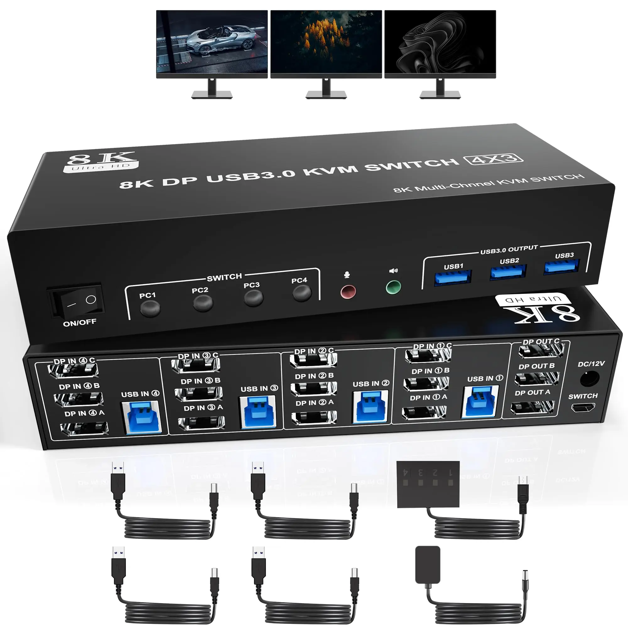 USB3.0 Displayport KVM Switch 3 Monitors 4 Computer,DP1.4 Triple Monitor KVM Switch with Audio Microphone Output + 3 USB3.0 Port