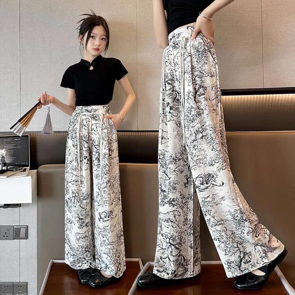 Girls' Summer Mosquito Prevention Pants 2024 New Fashionable Wide Leg Pants Popular Children's Ice Silk Pants Trend 120-170cm