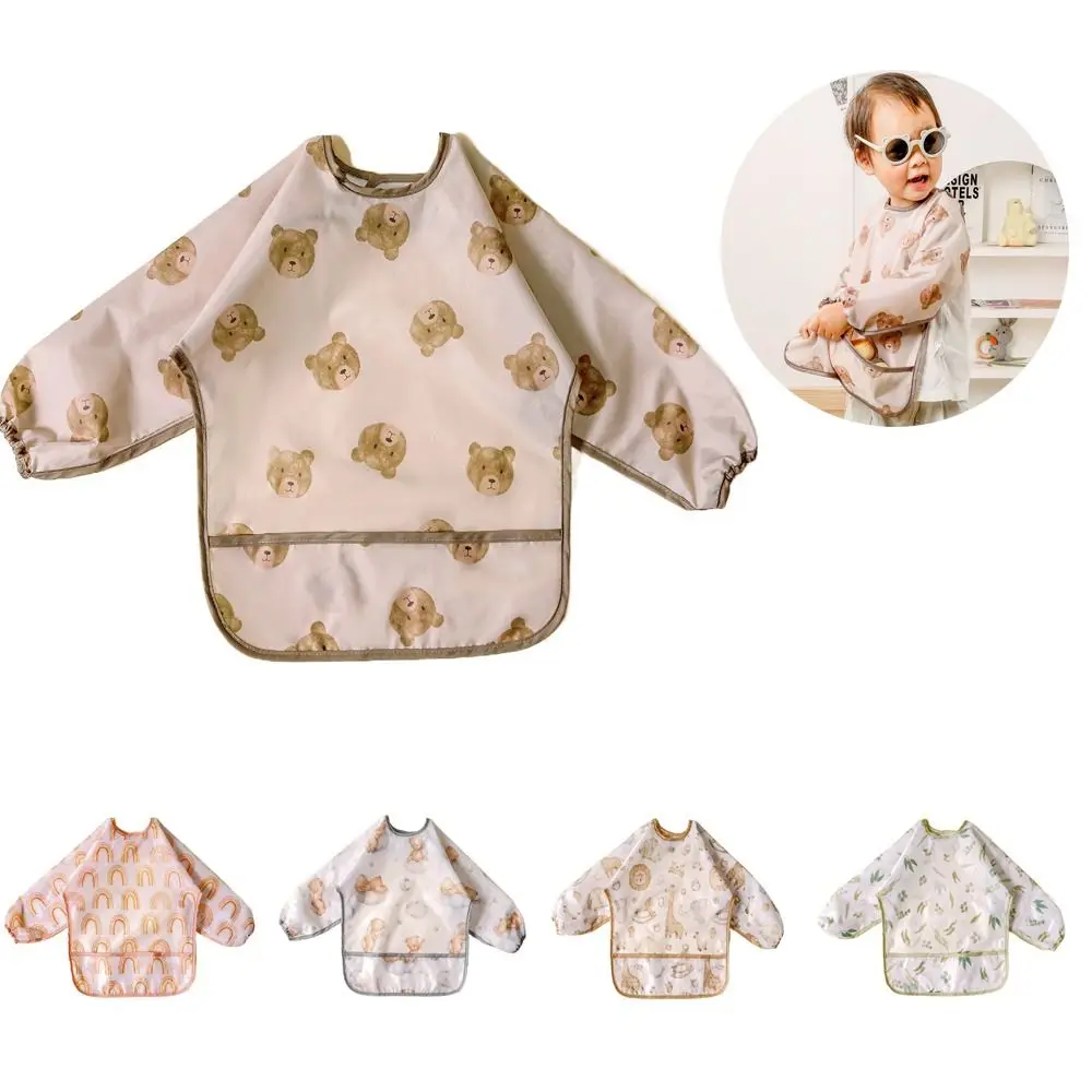 

New Cartoon Style Long Sleeve Bibs Waterproof Big Pocket Feeding Bibs Dirty Proof Washable Coveralls Bibs Eating