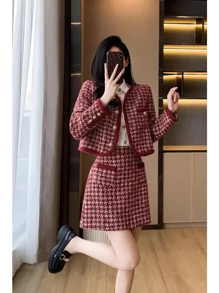 Socialite Tweed Women's Suit Jacket Spring and Autumn New French Style Retro Red Plaid Coat Top Short A-line Skirt Two-piece Set