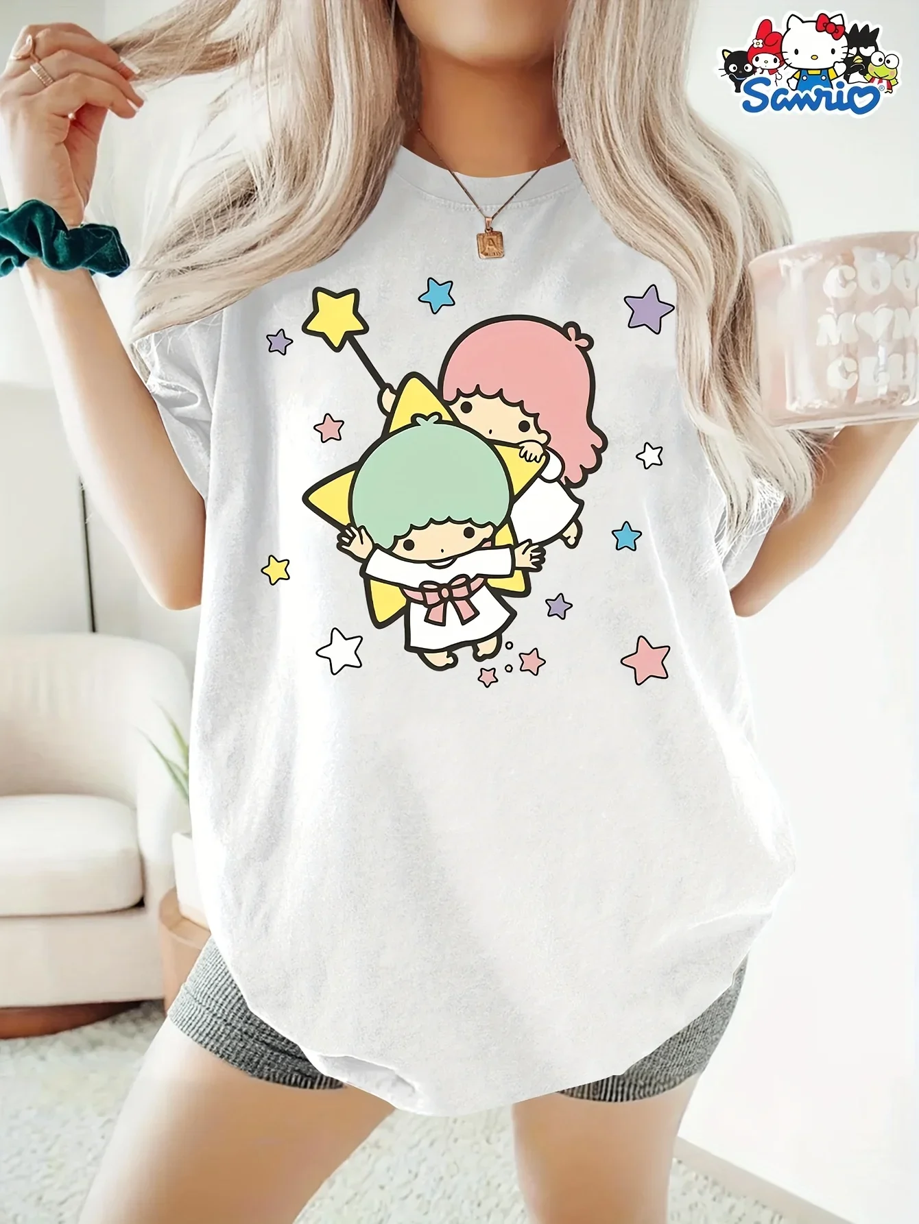 Miniso sanrio pequenas estrelas gêmeas camiseta dos homens dos desenhos animados camiseta o pescoço casual oversize manga curta solta streetwear moda topo