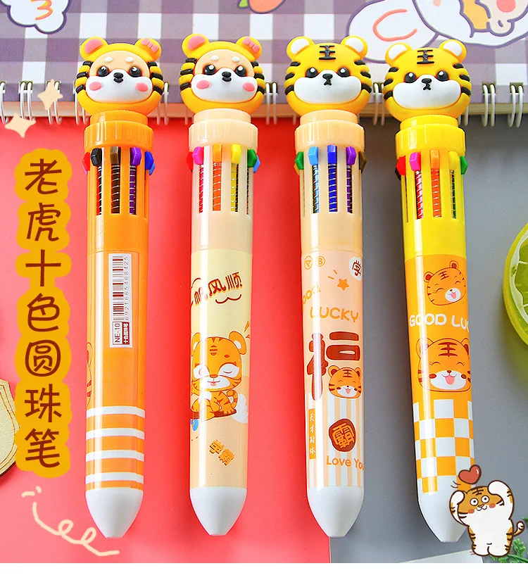 4pcs/pack Little Tiger 10 Color Ballpoint Pen, Colorful Creative Student Stationery Multi-color Hand Account Pen