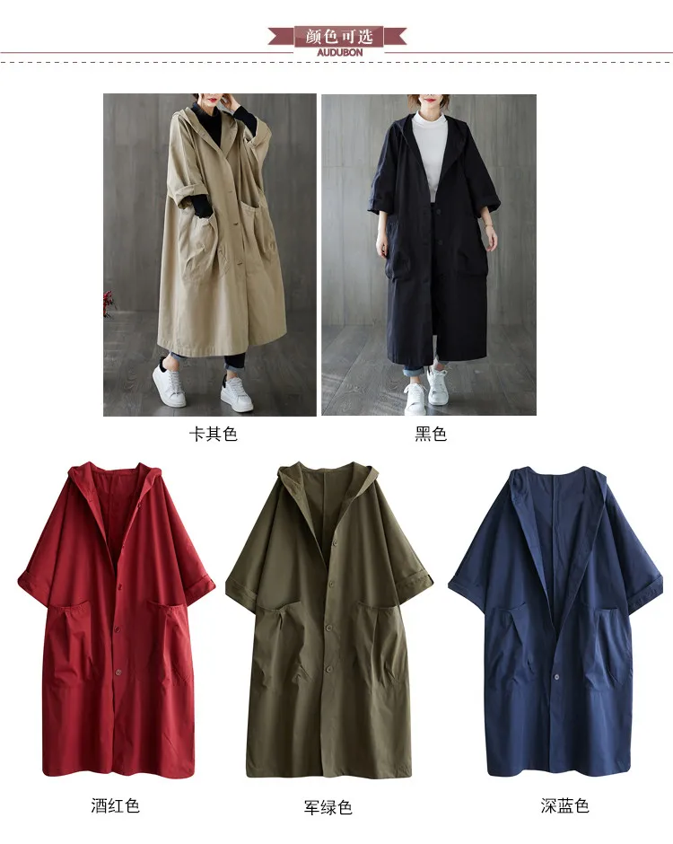 Lässiger, übergroßer, langer Damen-Trenchcoat mit großen Taschen, knielang, mit Kapuze, winddicht, warm, mit Knöpfen, Mädchen-Trenchcoat – Detail 2