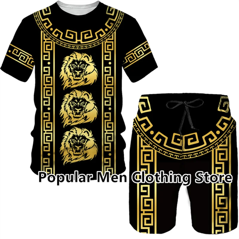 Summer Men's Tracksuit Golden Lion Statue Pattern 3D Print Short Sleeve T Shirt Shorts Suit Baroque Style Hip Hop Streetwear Set