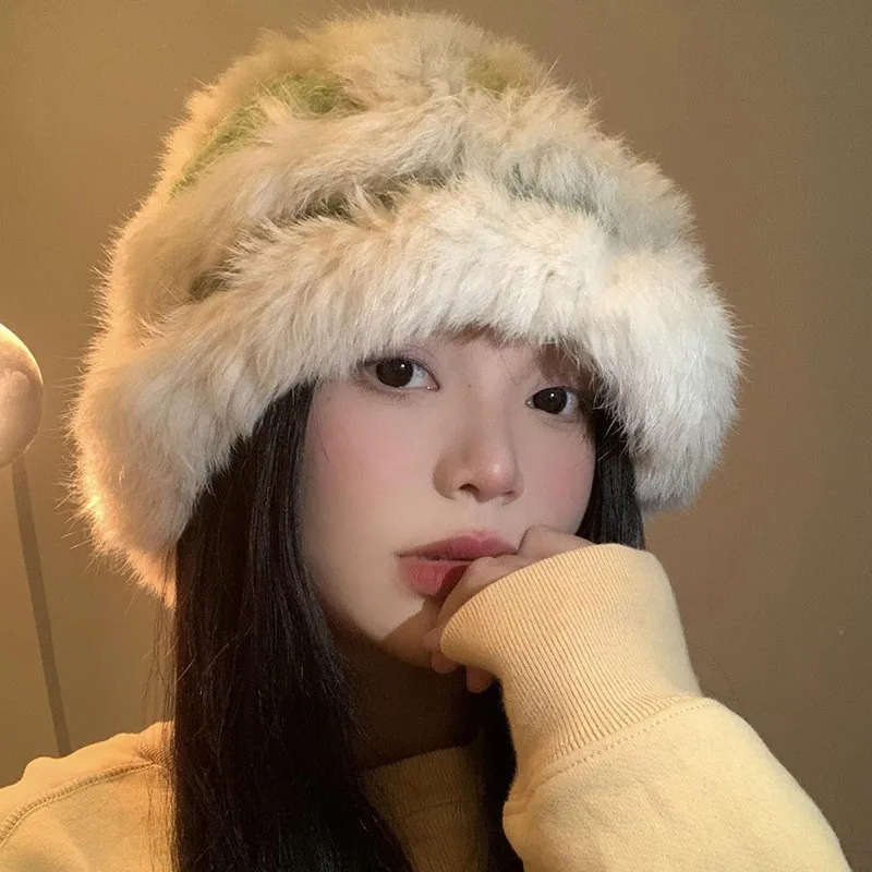 Colorful Rabbit Fur Fisherman Hat Women's Winter Hand-knitted Woolen Hat Warm Furry Hat Showing Face Small Plush Hat