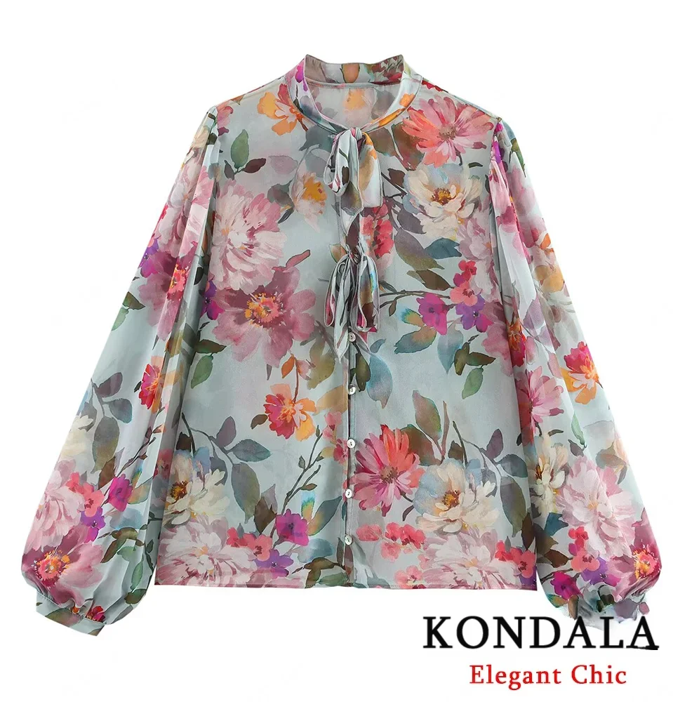 

KONDALA женская рубашка с бантом и принтом, рубашка с цветочным принтом, новинка 2025, весна-лето, модная романтическая пляжная рубашка в повседневном стиле