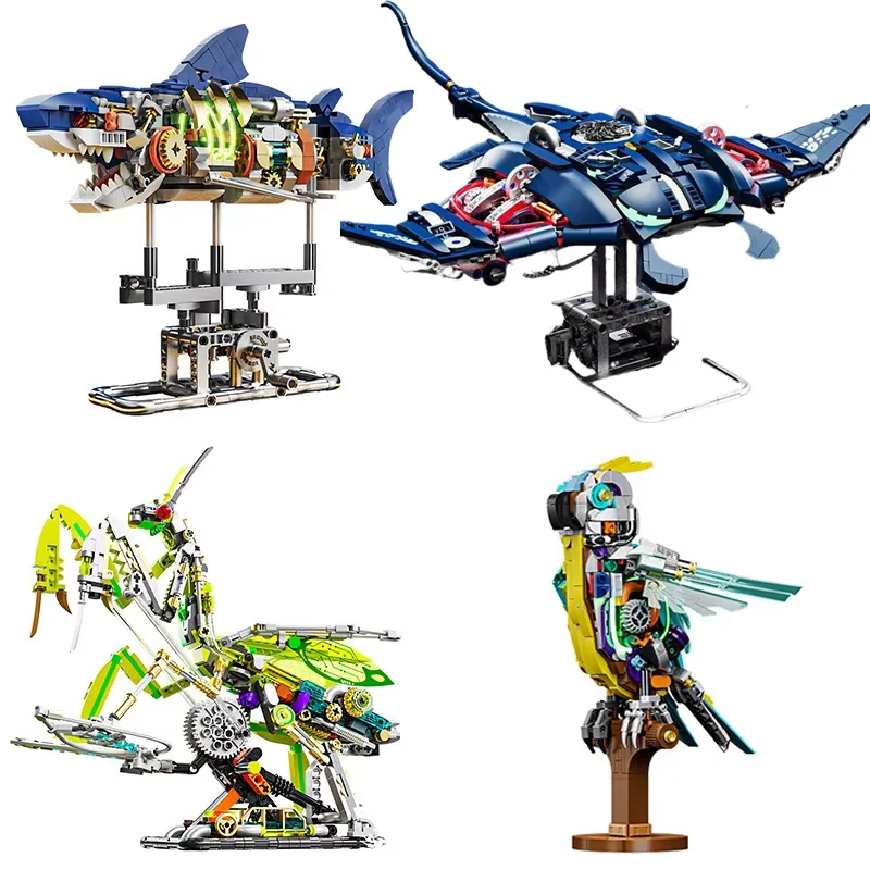 

Mechanical Shark Sea Life Crocodile Whale Parrot Mantis Frog Manta Ray Building Blocks Brick Set Light Animal Toys Gift For Kids