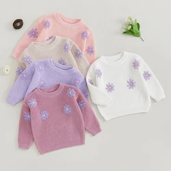 Suefunskry Newborn Baby Girls Fall Winter Kintted Sweater Flower Embroidery Crew Neck Long Sleeve Kids Pullovers Casual Tops