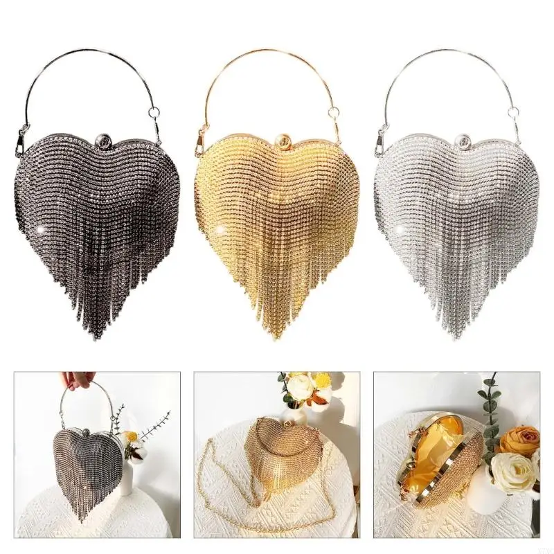 

X7XC Glittering Rhinestones Embellished Evening Purse with Tassels Design Chain Shoulder Strap Handbag For Prom Event