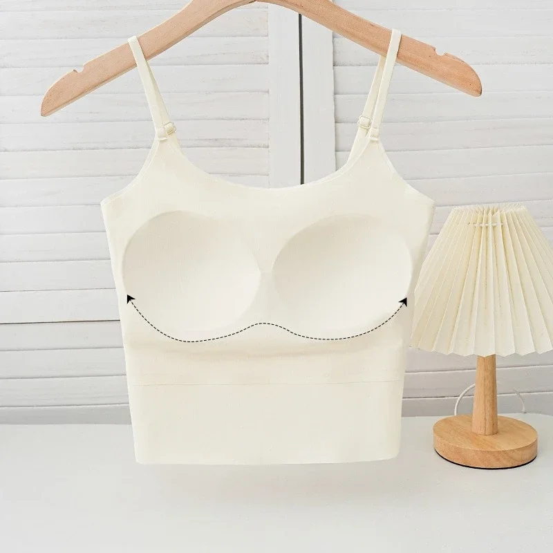 여성 섹시한 솔리드 컬러 캐미솔 아이스 실크 튜브 원활한 스포츠 탱크 탑 무선 속옷 패딩 브래지어 Bralette Vest