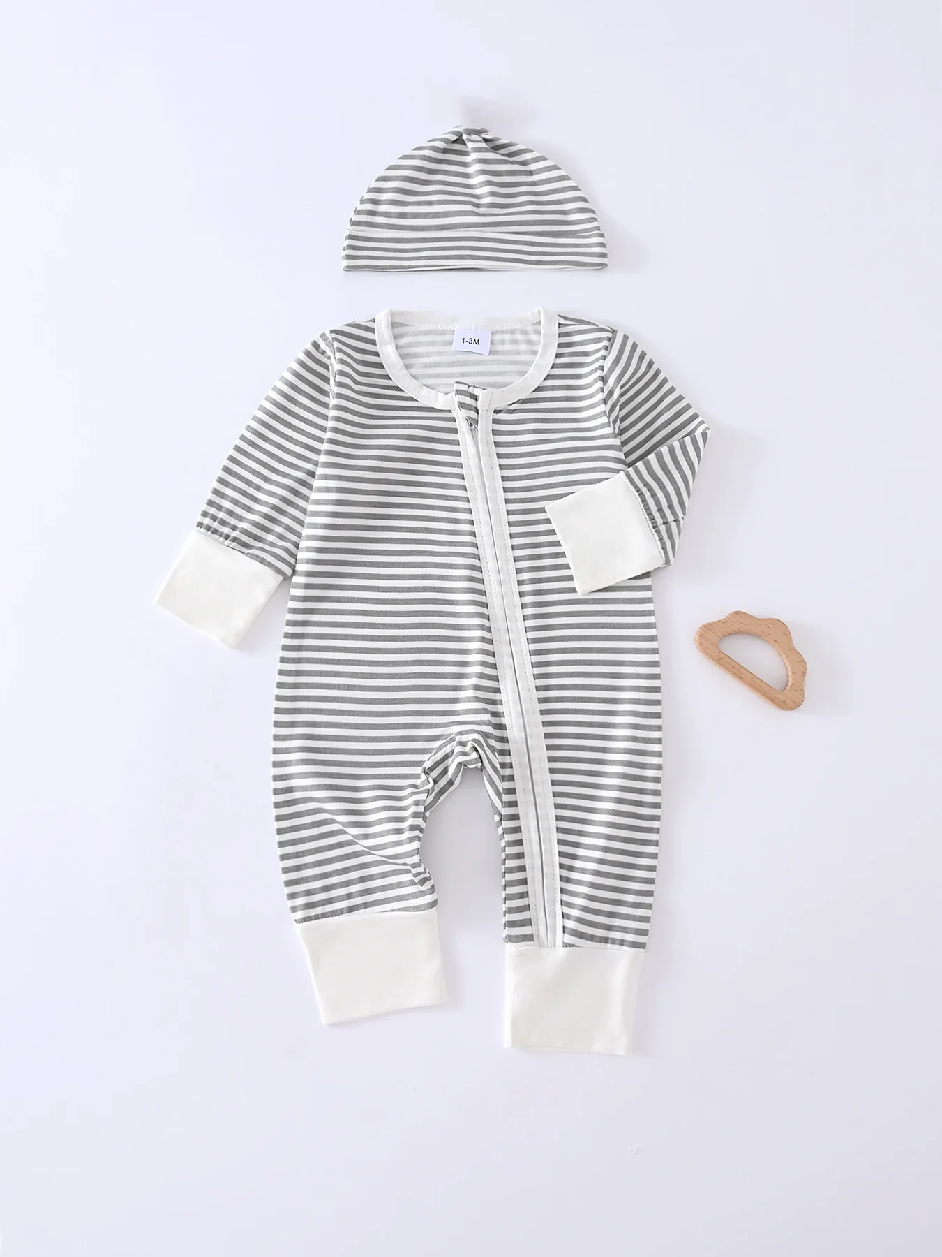 

2Pcs Baby Hat + Bodysuit Gray Stripe Zipper Two Piece Seasonal Boys Girls Newborn Gift