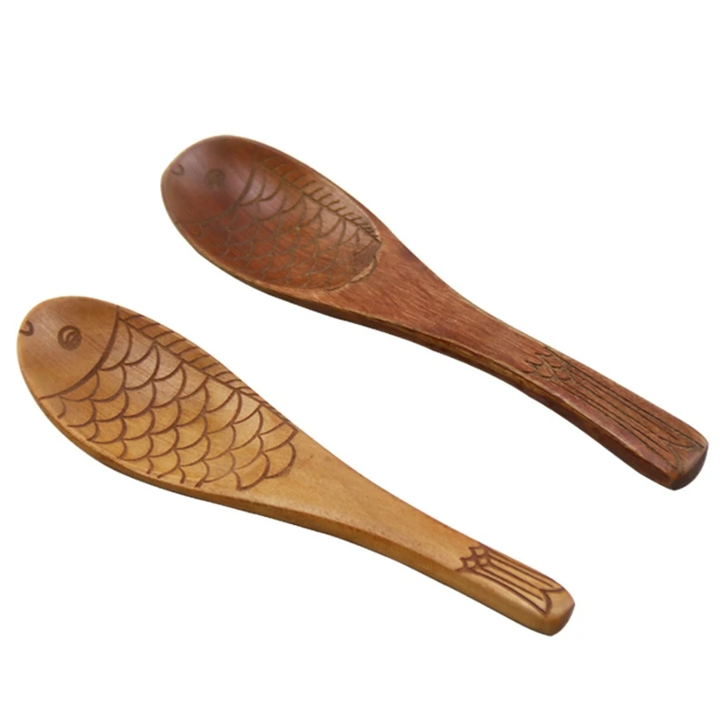 Japanese Fish Shaped Spoon Hand Carved Texture for Soup Rice Paddle Kitchen Utensil Dinnerware