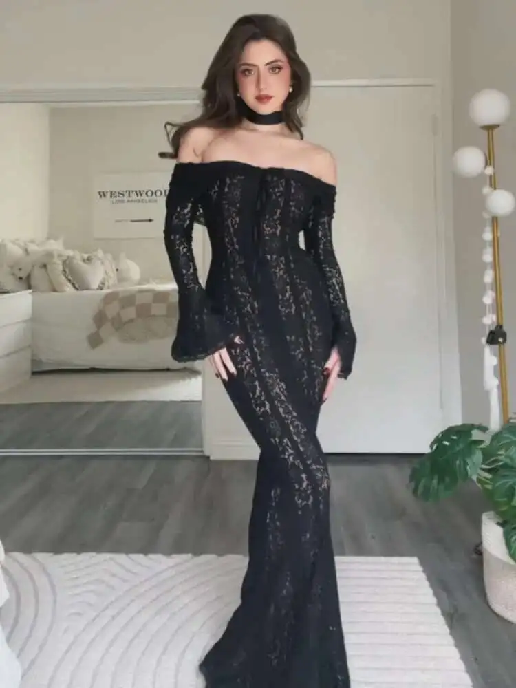 Elegant Cut Ausgestelltes Langarm Maxi Kleid frauen Lace Up Aushöhlen Off Schulter Bodycon Vestidos 2025, Dame Outwear Vestido