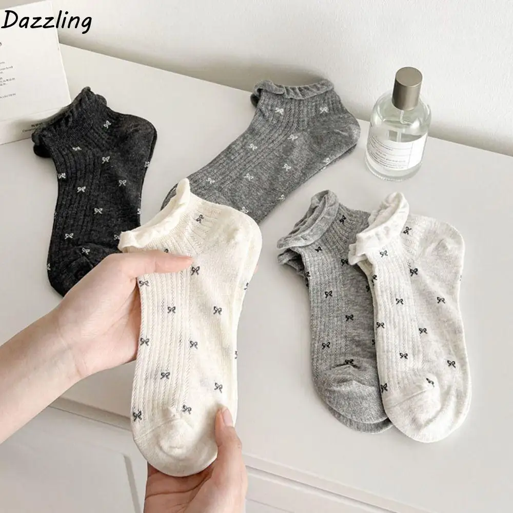 

5Pairs Ins Style Mesh Bow Short Socks Ruffle Breathable Sweet Ankle Socks Female Hosiery Ballet Style Tube Socks Women Lady
