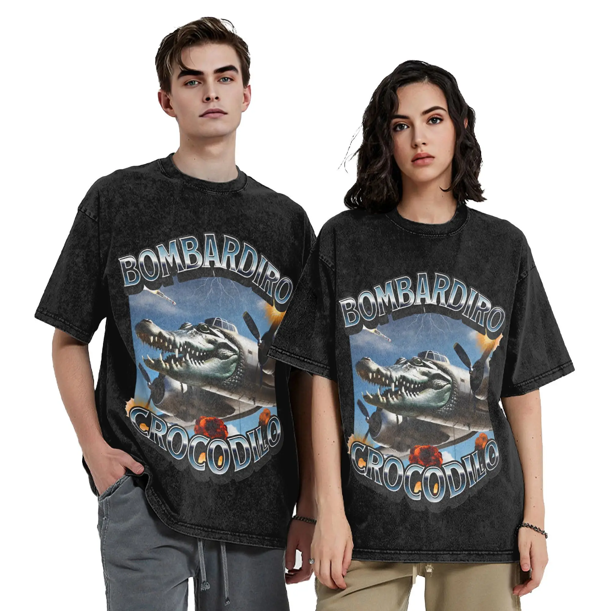 

Эстетическая винтажная потертая футболка Bombardiro Crocodilo в стиле аниме для мужчин и женщин, хлопковые топы с короткими рукавами итальянскими мемами Brainrot
