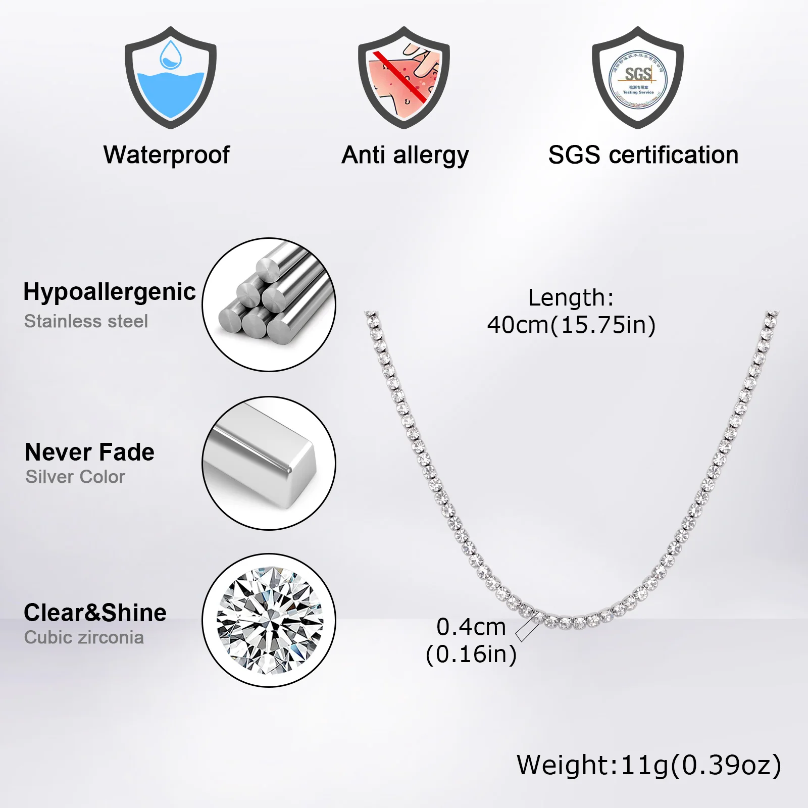 Hip-Hop Tennis-Kette Halskette für Männer, 4mm Edelstahl Zirkon Choker, Luxuriöser Rock-Punk Schmuck Geschenk für Ehemann Vater Sohn – Detail 1