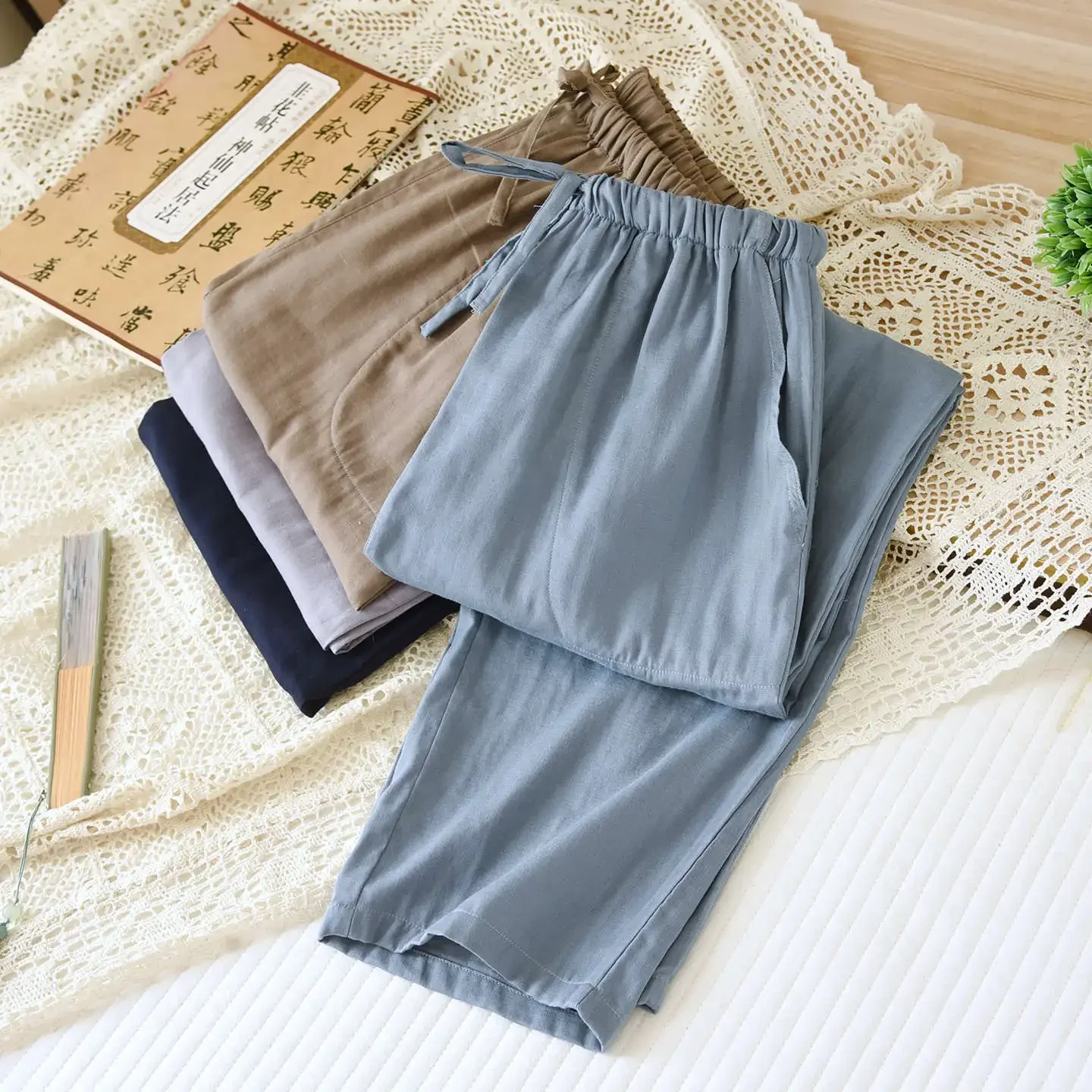 

2025 Новые весенне-осенние домашние брюки, однотонные мужские брюки для сна, 100% чистый хлопок, марля, простые брюки для дома, свободные брюки для отдыха