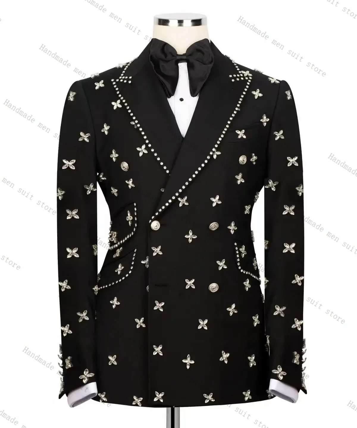 

Black Crystals Men Suits Set 2 Pieces Blazer+Pants Trousers Groom Wedding Tuxedos Jacket Formal Office Customized Male Coat