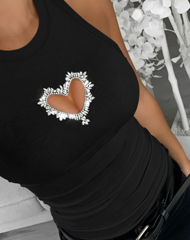 Female Clothes Casual Hollow Heart Rhinestone Tank Top Women's Fashion Skinny Round Neck Sleeveless T-Shirt