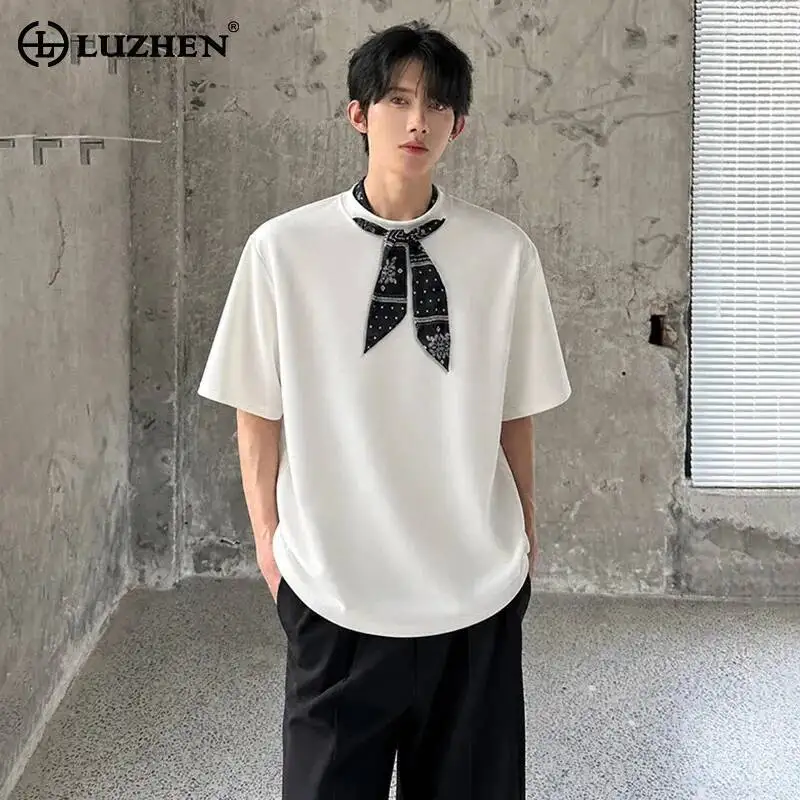 LUZHEN 2026 Summer Ribbon Necktie Decorate Round Neck Short Sleeve T-shirts Men's Trendy Handsome Pure Cotton Casual Tops JY7413