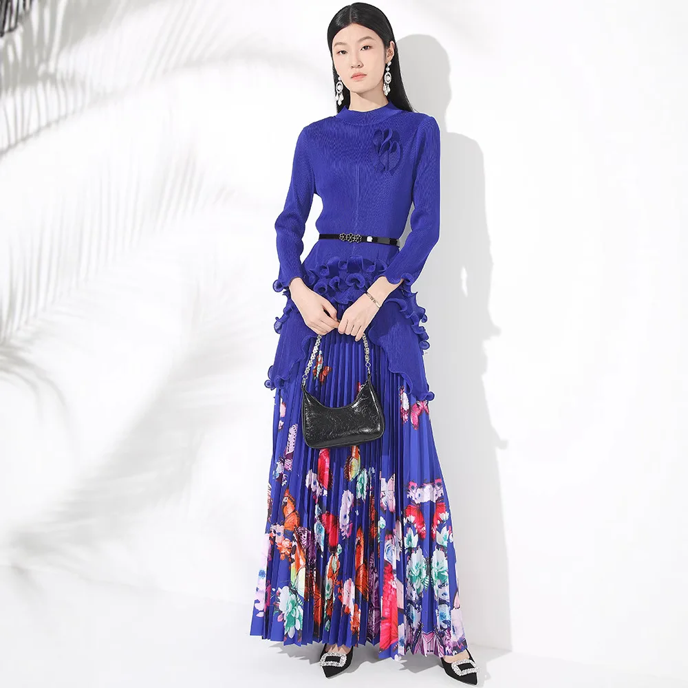 Set Atasan Pullover Tidak Beraturan Leher Bulat Kualitas Tinggi Keriput Rok Setengah Panjang Lantai Gambar Cetak Kupu-kupu Wanita Set Dua Potong Musim Panas