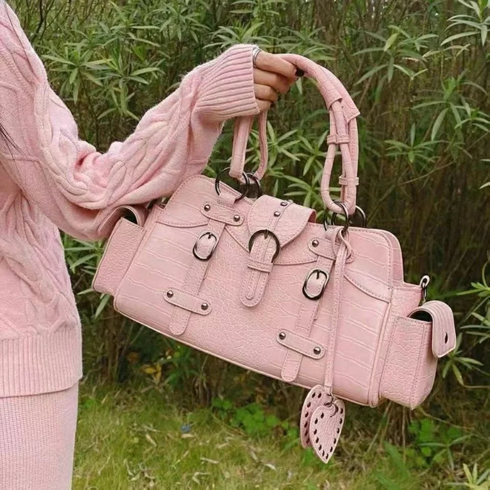 2022 Retro Vintage Y2K Handbags Womens Crocodile Pattern Leather Gothic Rivet Female Shoulder Bags Pink Crossbody Bags Big Tote