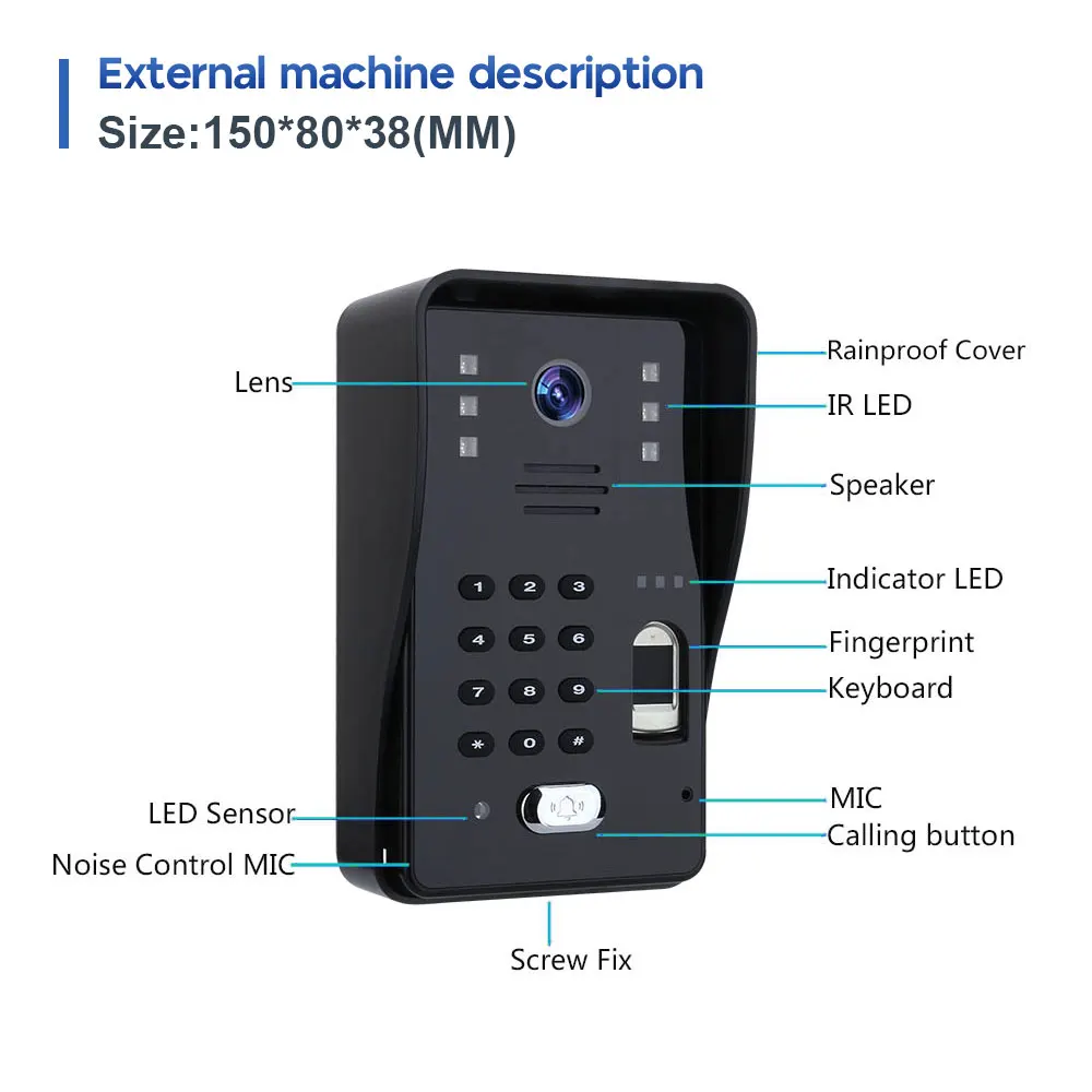 TUYA APP unlocking,Record WIFI RFID Fingerprint System Home Intercom 7 Inch Video Intercom Support Remote Support Multi-Languaug