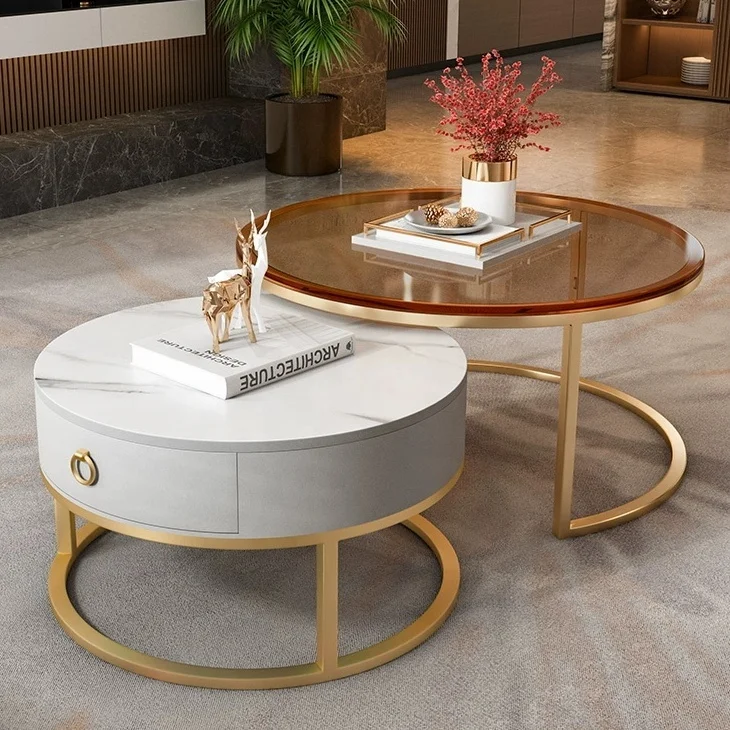 

Современный журнальный столик из дерева и закаленного стекла с небольшой мраморной столешницей в черно-золотом цвете - уникальный современный дизайн