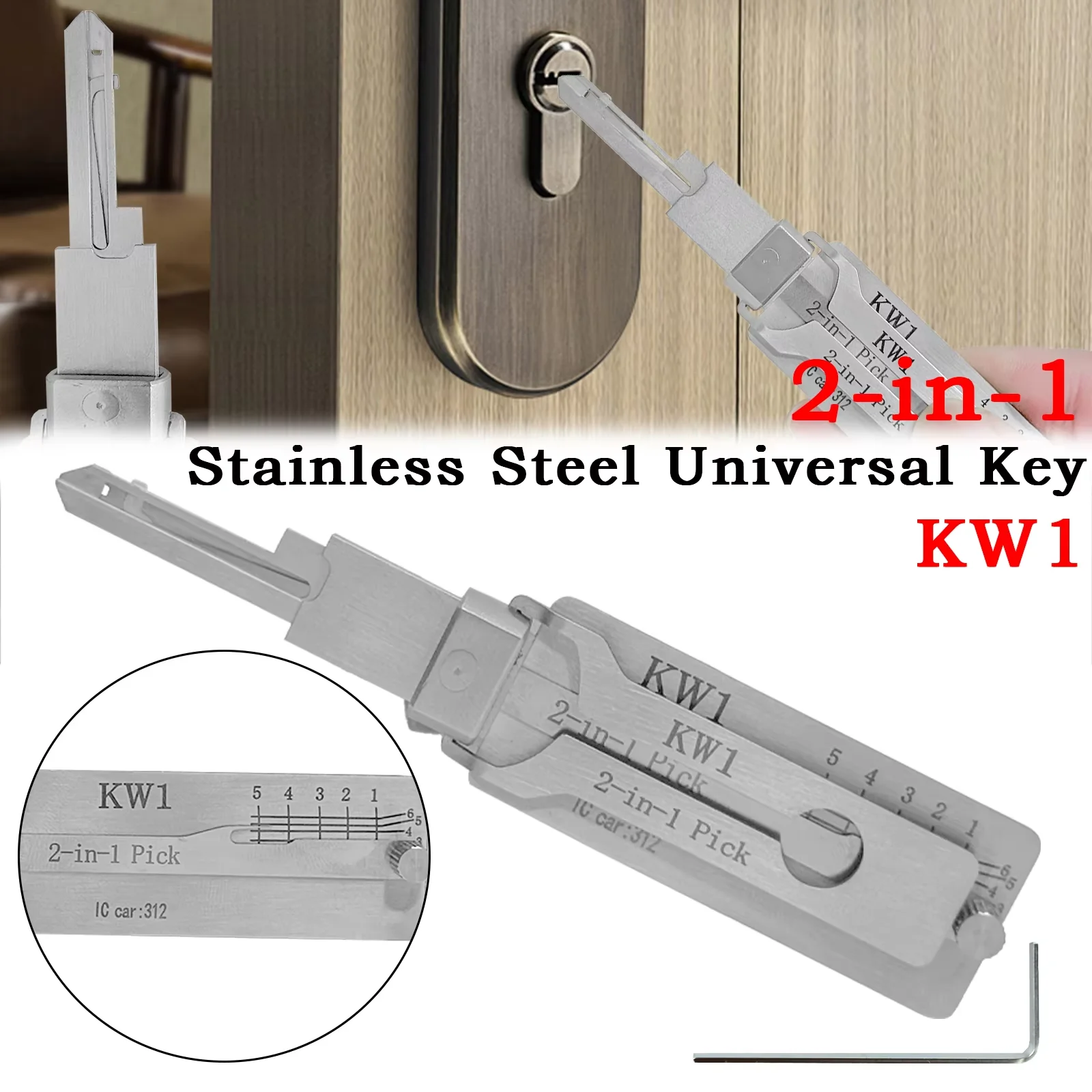 KW1 Stainless Steel Key 2-in-1 Pro Decoder Portable Key KW1 Key Decoder O-ring Pickup Repair Kit KW1 Hook Hand Measuring Tool