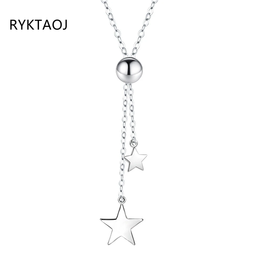 925 Sterling Silver Y‑Shape Star Tassel Necklace for Women Adjustable Ball Bead Slide Chain Pentagram Pendant Fine Jewelry Gift