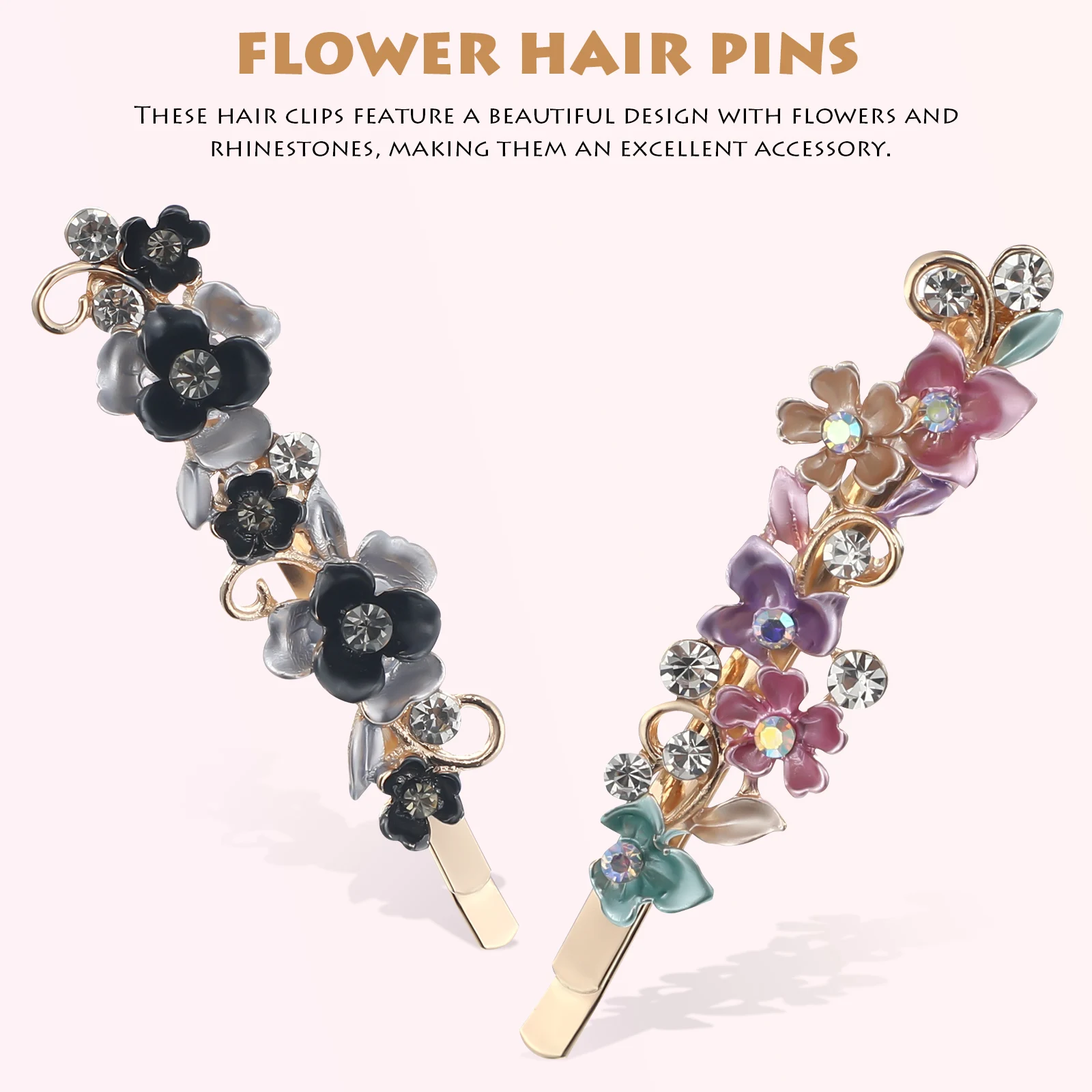 

12 Pcs Flower Hair Clips Vintage Rhinestone Decorative Pins For Women Gray Blue Pink Beige Purple Each 2 Pieces Lightweight