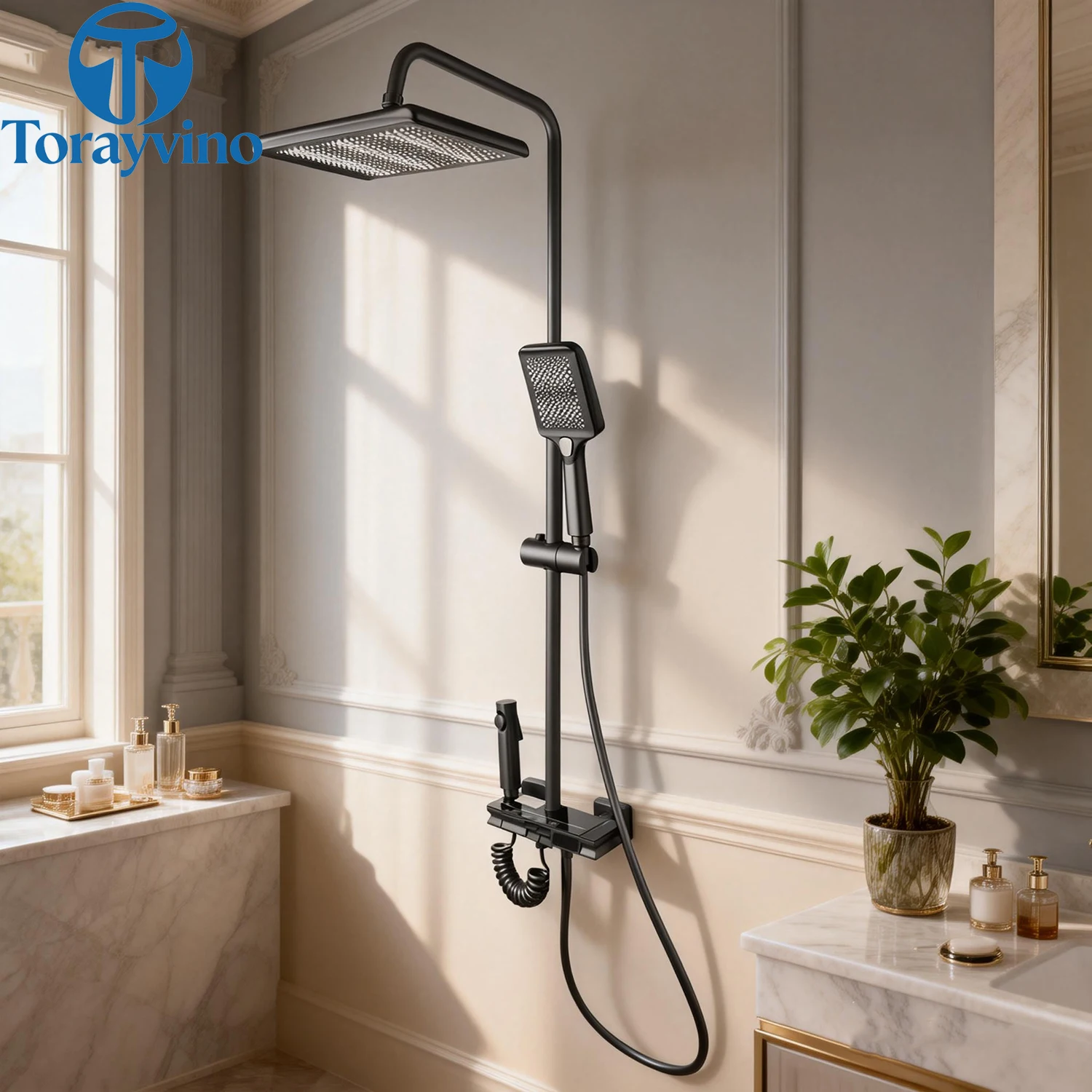 Torayvino Temperature Bathroom Rainfall Shower Set 4 Functions Digital Display Color Changes w/ Det Hot Cold Mixer Faucet Tap
