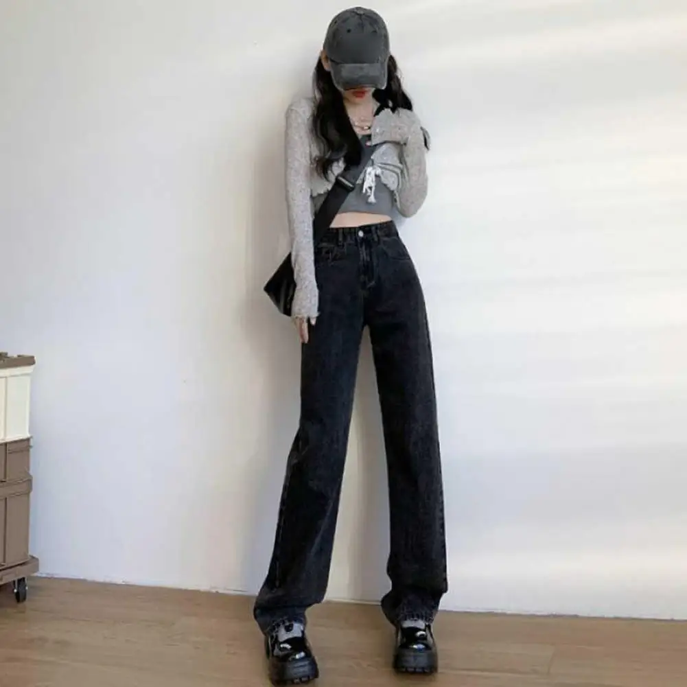 

Jeans High Waist Wide Leg Denim Pants for Women Stylish Streetwear Jeans with Multi Pockets Button Zipper Closure Stretchy Solid