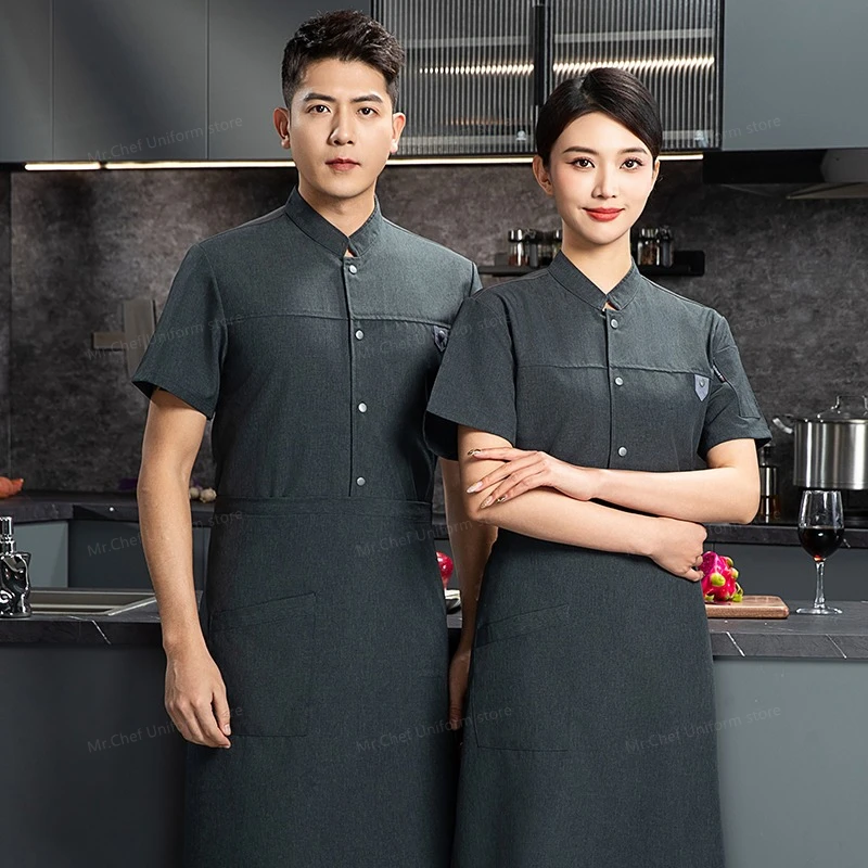 Estate Grigio Uomo manica corta uniforme Giacca da cuoco Grembiule da cuoco Abiti da lavoro logo Pantaloncini da cuoco Cucina da ristorante traspirante