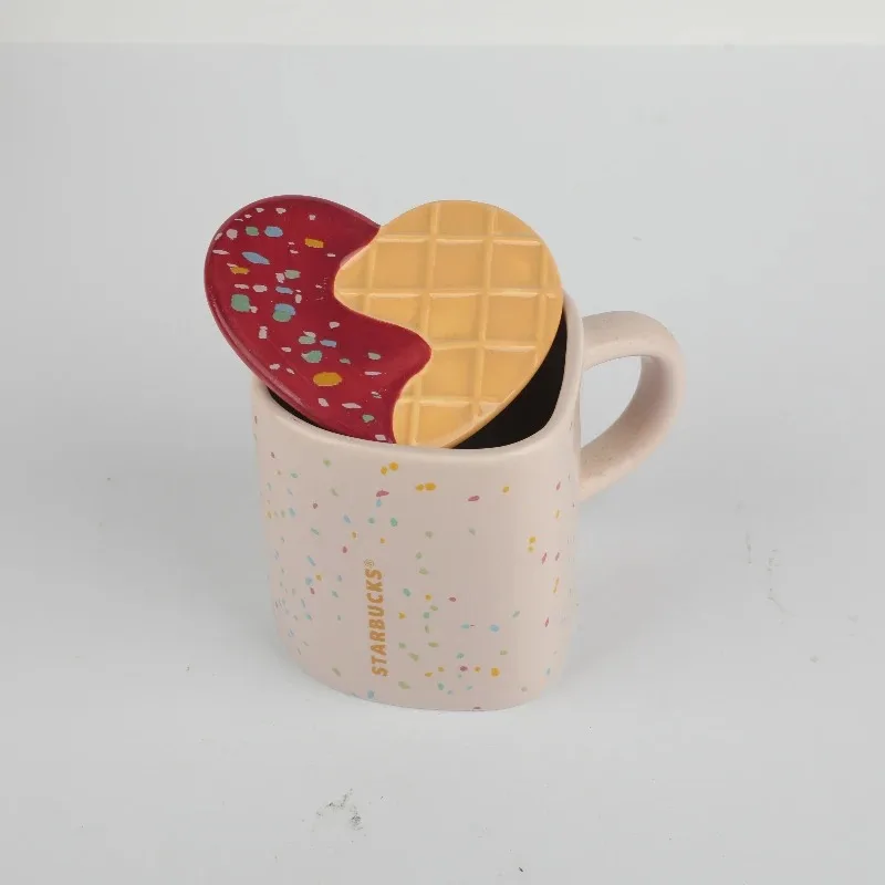 Caneca de Cerâmica Estilo Starbucks para Sorvete com Tampa em Formato de Casquinha e Granulado Colorido – Presente Perfeito para o Dia dos Namorados